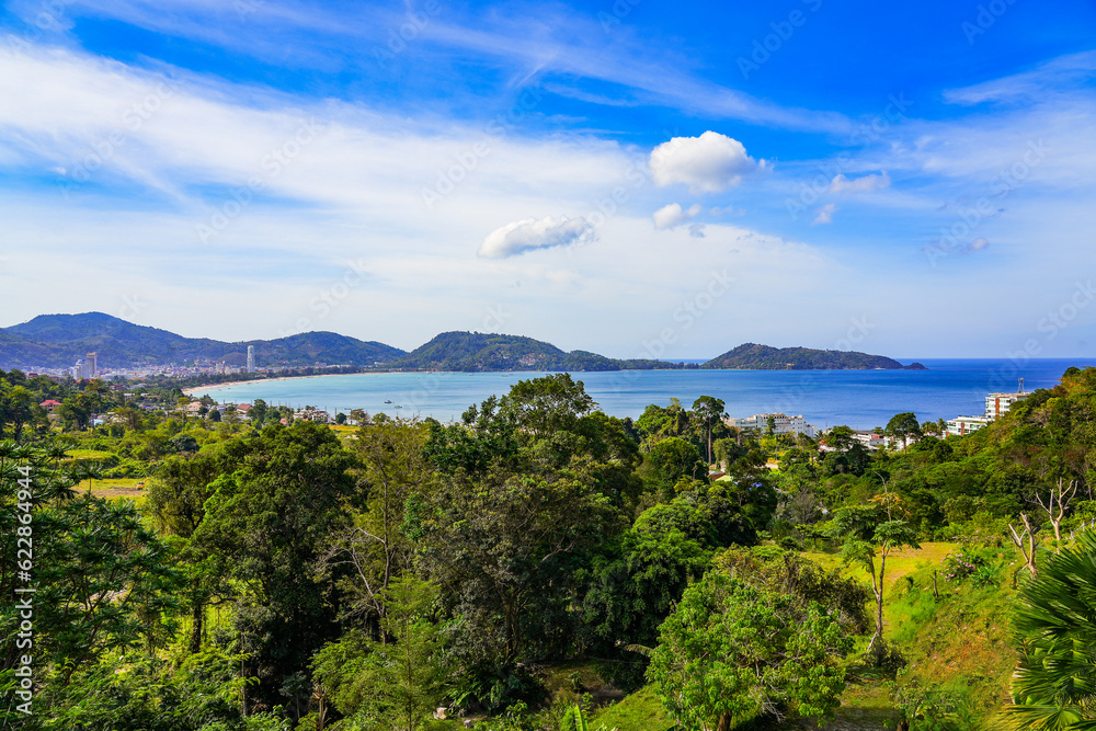 Panoramic view of Patong Beach from the hills of Kalim on Phuket island in the south of Thailand, Southeast Asia