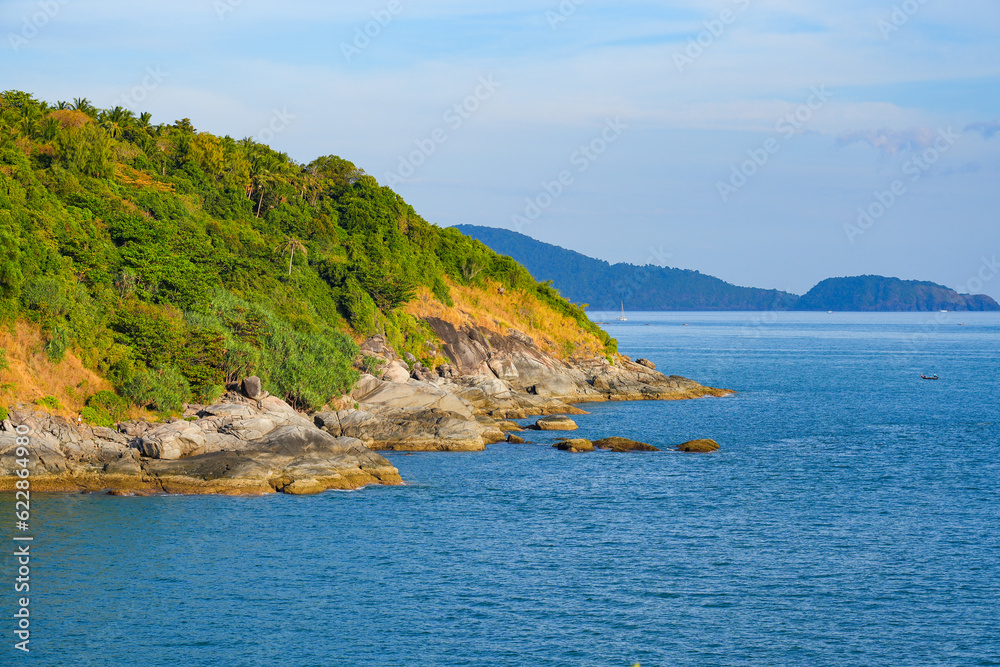 Coastline seen from Promthep Cape, the southernmost point of Phuket island in the Andaman Sea, Thailand, Southeast Asia