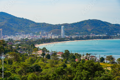 Panoramic view of Patong Beach from the hills of Kalim on Phuket island in the south of Thailand, Southeast Asia