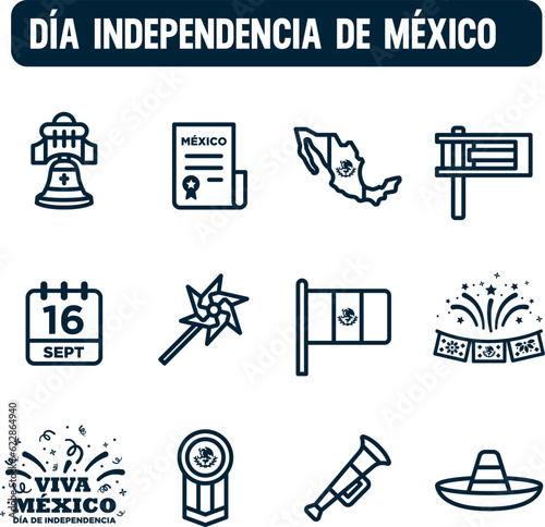 Mexican independence day icons. Vector set of September 16. Linear icon design. Mexican national holidays.