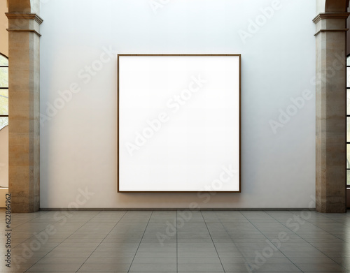 Gallery interior with a blank frame, mockup of a painting on a museum, Generative AI