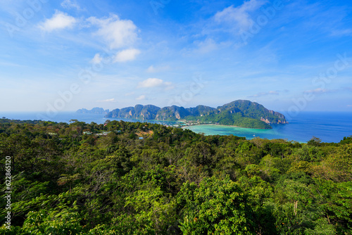 Aerial view of the isthmus of Koh Phi Phi Don island in the Andaman Sea from Viewpoint 3 in the Province of Krabi, Thailand