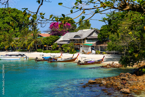 Longtail boats moored on Ton Sai beach on Koh Phi Phi island in the Andaman Sea  Krabi Province  Thailand