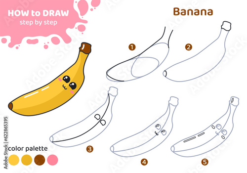 Drawing tutorial for kids. Education worksheet. How to draw banana. Step by step. Graphic task for preschool and school children with color palette. Art with fruit. Vector illustration. 