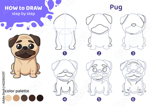 Drawing tutorial for kids. Education worksheet. How to draw pug. Step by step. Graphic task for preschool and school children with color palette. Art with dog. Vector illustration. 