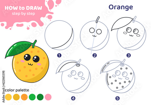 Drawing tutorial for kids. Education worksheet. How to draw orange. Step by step. Graphic task for preschool and school children with color palette. Art with fruit. Vector illustration. 