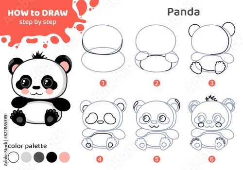 Drawing tutorial for kids. Education worksheet. How to draw panda. Step by step. Graphic task for preschool and school children with color palette. Art with wild animal. Vector illustration. 