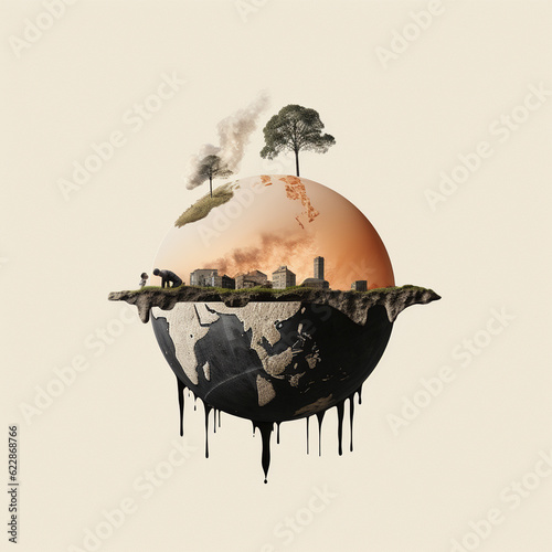Planet Earth and The Globe Melting - Retro, Collage Style Climate Change and Global Warming Concept - Trees, Nature, Oceans under Heat Stress - Generative AI