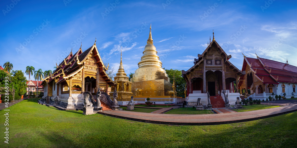 Panoramic of The Wat Phra Sing Temple located in Chiang Mai Province,Thailand. landmark for tourists at Chiang Mai, the Most favorite landmark for travel