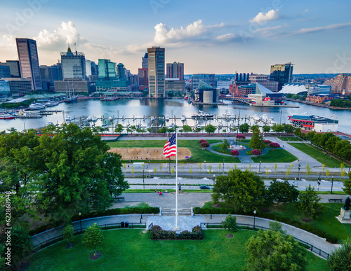 Aerial View of downtown and the Inner Harbor taken from Federal Hill in Baltimore, Maryland, United States. photo