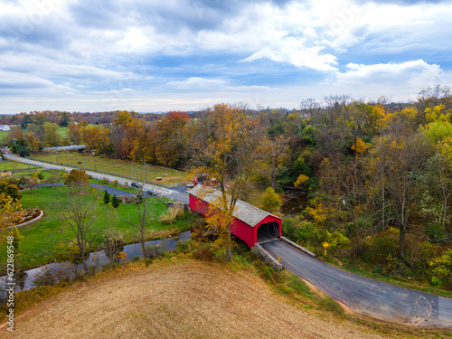 Aerial view of the Utica Covered Bridge in autumn in Thurmont, Maryland, United States. photo