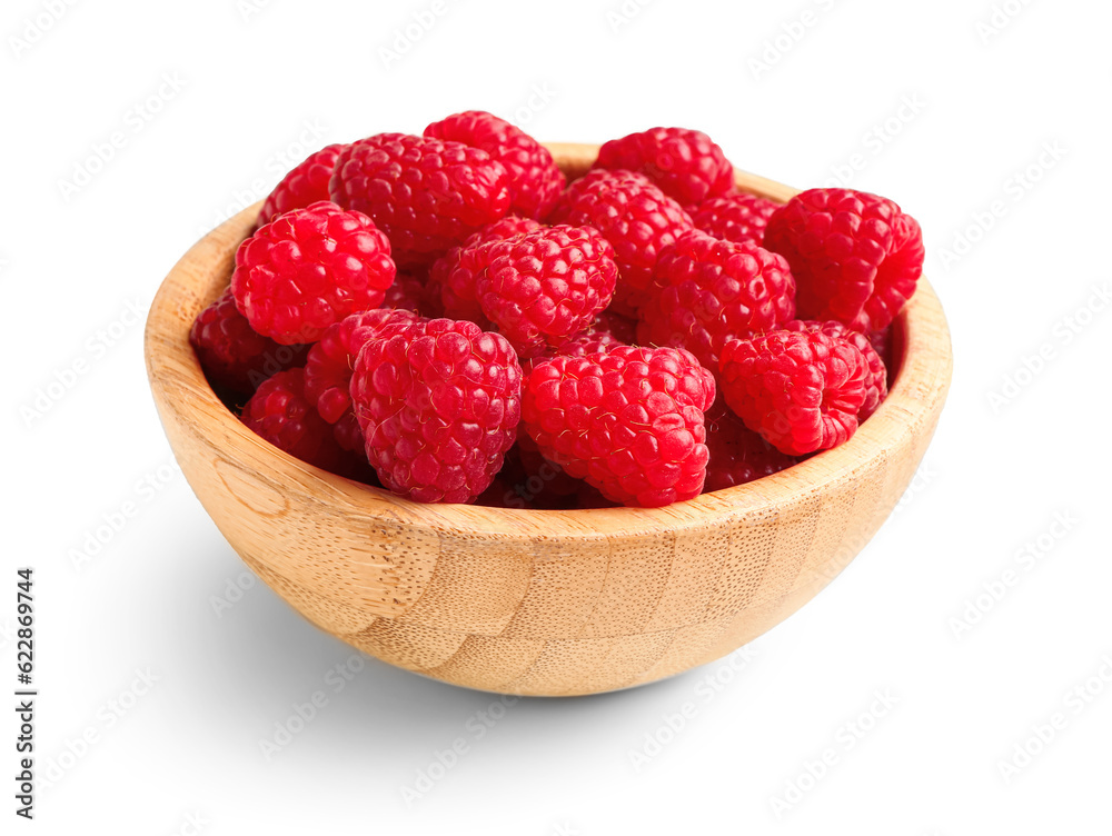 Wooden bowl with fresh raspberries on white background Wooden bowl with fresh raspberries on white background