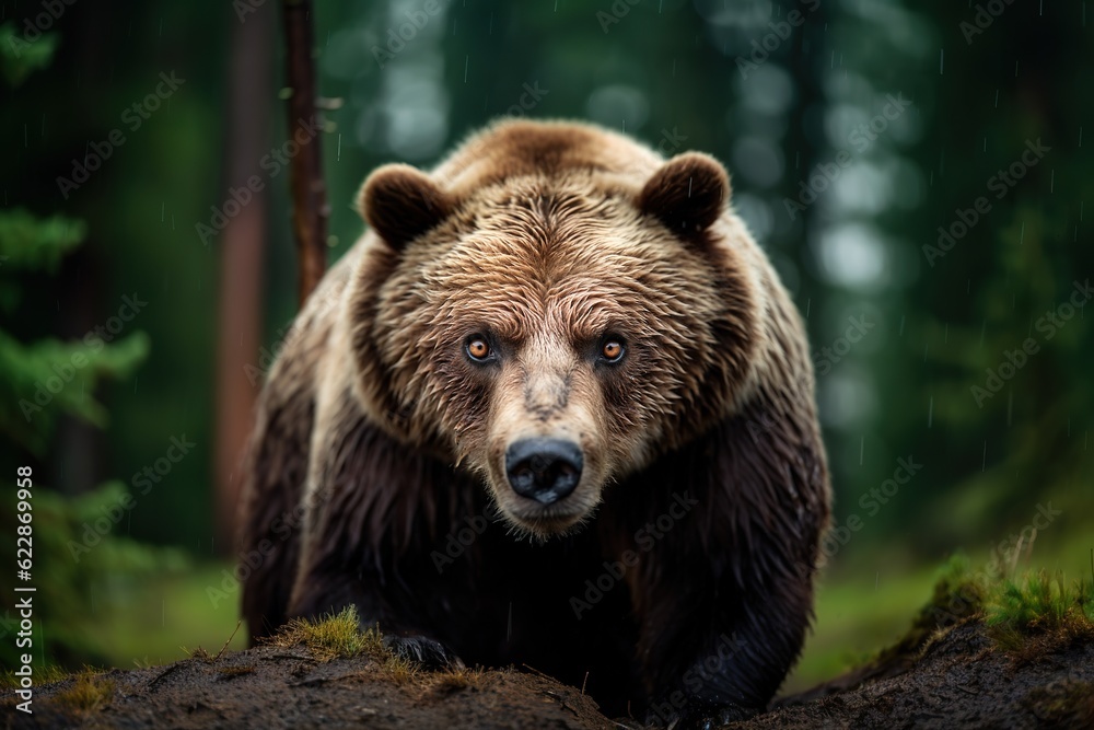 Frightening grizzly bear walking under the rain in the wild forest