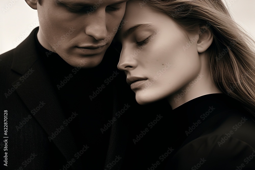 Romantic scene of man and woman close up shot embracing in desaturated colors Romantic scene of man and woman close up shot embracing in desaturated colors