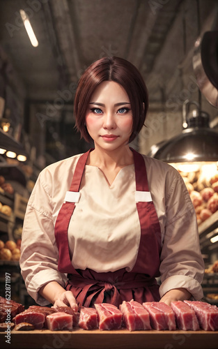 photo of beautiful woman as a shopkeeper at the market  generative AI