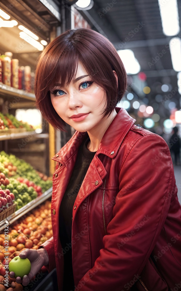 photo of beautiful woman as a shopkeeper at the market, generative AI