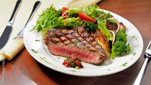 Grilled beef steak with baked potatoes and vegetable salad on white plate
