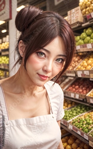 photo of beautiful woman as a shopkeeper at the market  generative AI