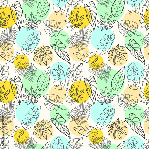 Hand drawn seamless pattern background with colored tropical leaves