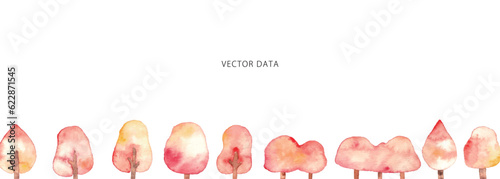 水彩画。水彩タッチの秋の紅葉した森のイラスト。ベクターイラスト。Watercolor painting. Illustration of forest with autumn leaves in watercolor touch. Vector illustration.