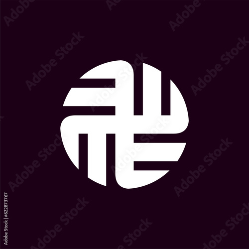 Initial letter E, M, W logo template with geometric japanese kamon line art illustration in flat design monogram symbol