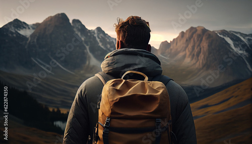 Rear view of female hiker with backpack looking out over a landscape, back view, no face. Copy space Ai generated image