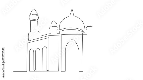 Animated self drawing of a mosque. Design of moslem place praying concept illustration in simple linear animation. Ramadan kareem and eid mubarak concept design with full length animation.