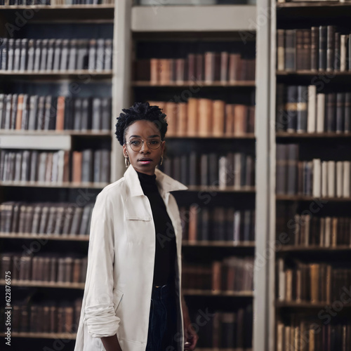 beautiful african american black woman with library in background, generative AI