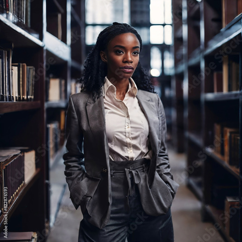 beautiful african american black woman with library in background, generative AI