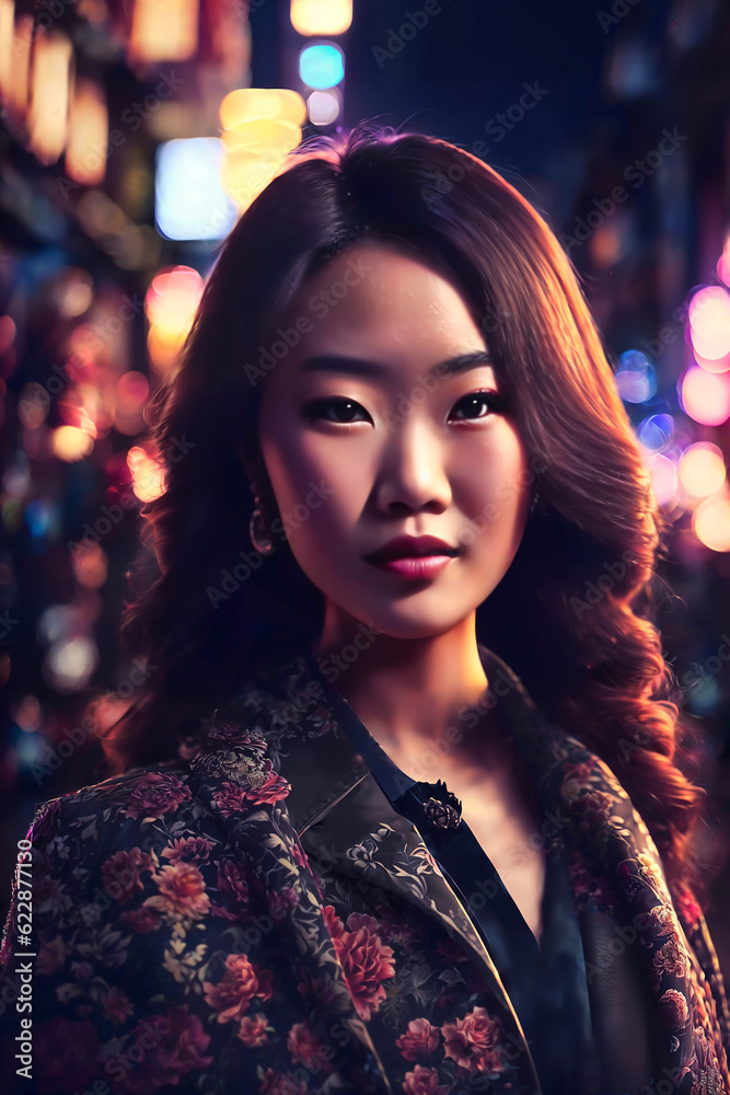 beautiful young asian woman with city street night in background, generative AI beautiful young asian woman with city street night in background, generative AI