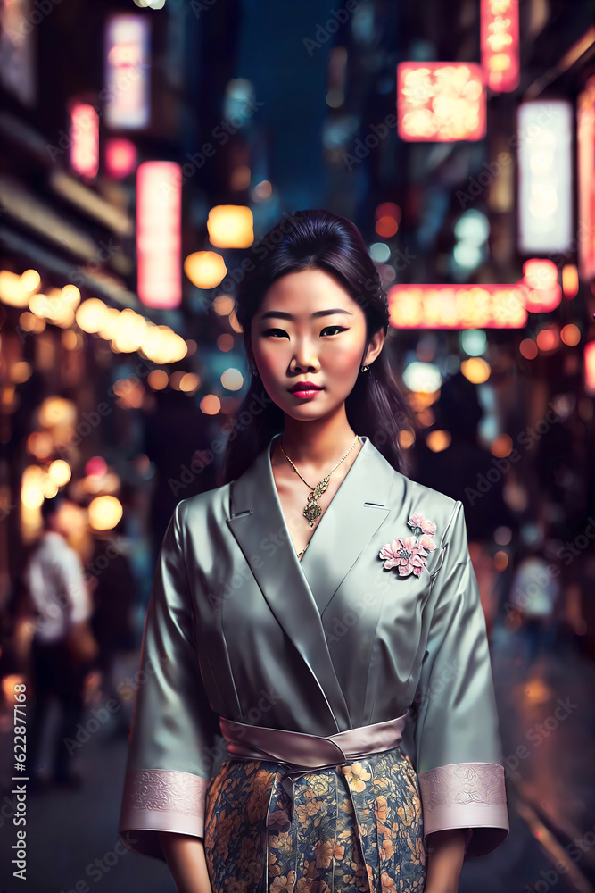 beautiful young asian woman with city street night in background, generative AI
