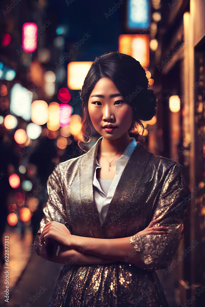 beautiful young asian woman with city street night in background, generative AI
