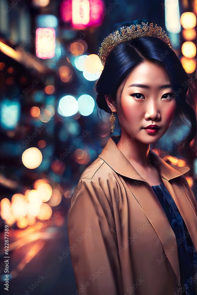 beautiful young asian woman with city street night in background, generative AI beautiful young asian woman with city street night in background, generative AI