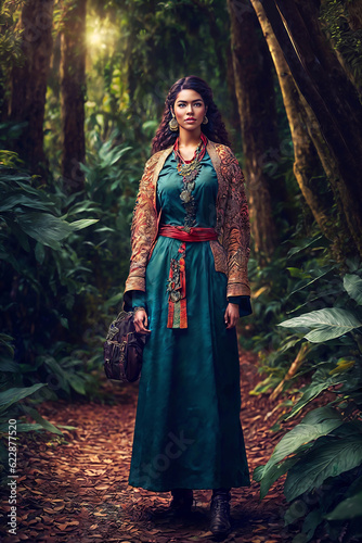 beautiful adventure latin woman with jungle forest in the background, generative AI