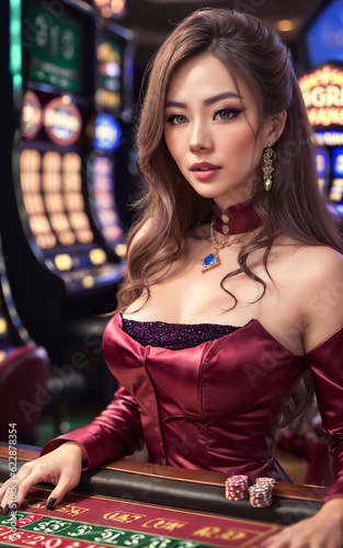 beautiful asian woman with luxury dress in grand casino gambling, generative AI