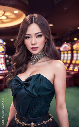 beautiful asian woman with luxury dress in grand casino gambling, generative AI