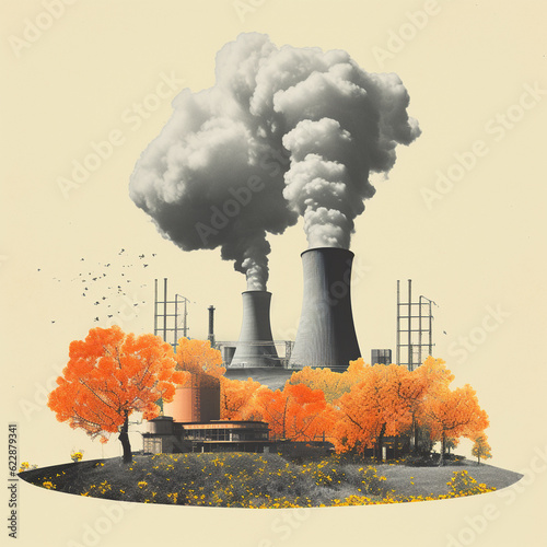 Nuclear Energy Smoke Stacks Surrounded by Nature - Vintage Retro Collage Style - Renewable and Carbon Free Energy Concept for Climate Change - Generative AI