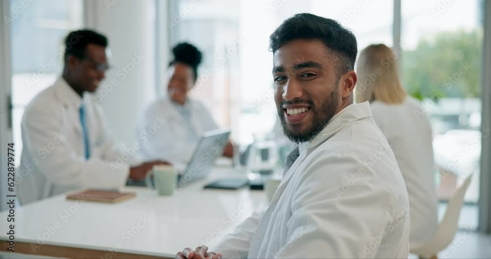 Doctors, face or portrait of happy man in meeting for collaboration working on healthcare innovation. Teamwork, smile or proud medical worker in discussion for planning and sharing ideas in hospital Doctors, face or portrait of happy man in meeting for collaboration working on healthcare innovation. Teamwork, smile or proud medical worker in discussion for planning and sharing ideas in hospital