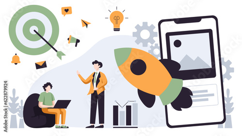 Flat illustration design social media strategy concept digital marketing startup business. Vector illustration for business company in white background.