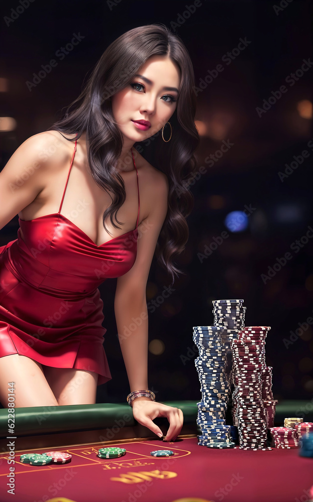 pretty young asian woman at gambling casino lounge, generative AI pretty young asian woman at gambling casino lounge, generative AI