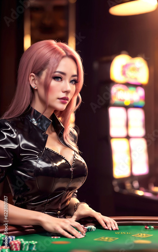 pretty young asian woman at gambling casino lounge, generative AI