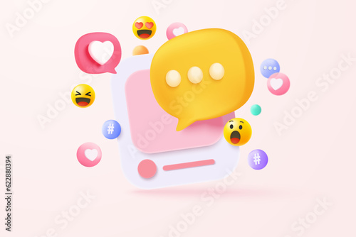 3D vector speech bubble with tick mark for photo gallery platform, online social conversation comment concept, emoji message, speech icons, chat with social media. 3d speak render vector illustration photo