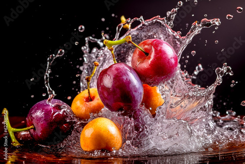 Water wave splash with fruits, background for fruit juice drink. Illustration.