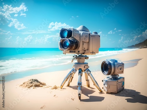 artificial intelligence taking photography beach background. Image is generated with the use of an Artificial intelligence