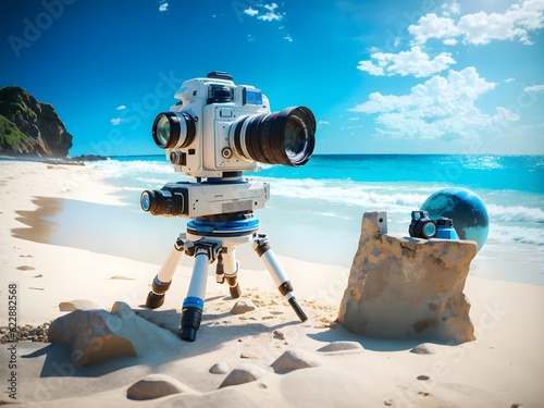 artificial intelligence taking photography beach background. Image is generated with the use of an Artificial intelligence