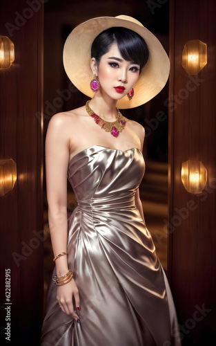 photo portrait of beautiful playful asian lady woman with trending outfit and accessories , generative AI