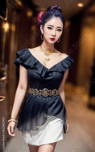 photo portrait of beautiful playful asian lady woman with trending outfit and accessories , generative AI