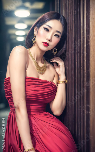 photo portrait of beautiful playful asian lady woman with trending outfit and accessories , generative AI