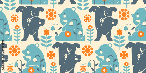 Scandinavian aesthetic, Nordic seamless wallpaper with cute funny bears among flowers. Quirky stylized tile background for home decor, wrapping paper, fabric. Calm lagom aesthetic. Folk hygge style. photo