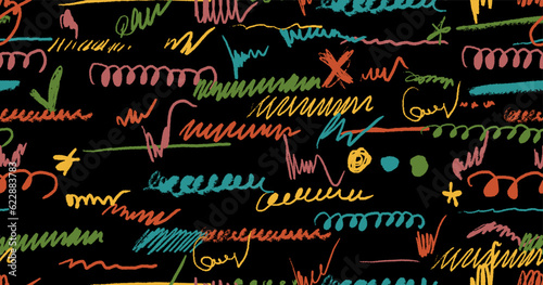 Scribbles seamless pattern. Hand drawn colorful pencil curly lines. Marker drawing squiggles, strokes vector illustration. Paint brush sketches. Scrawl textured freehand wallpaper. Kids background